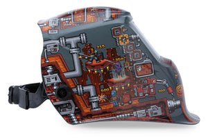 The Lincoln VIKING 1740 Game On Welding Helmet - K5562-3 features a gray shell with pixel art pipes, machines, dials, and scores. Its bold side design includes an auto-darkening lens with 4C Lens Technology for superior clarity.