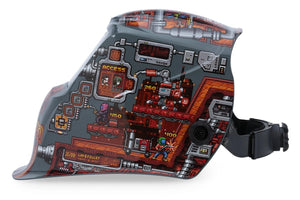 The Lincoln VIKING 1740 Game On Welding Helmet (K5562-3) features a gray shell with vibrant pixel-art characters in a sci-fi theme, 4C Lens Technology for clear auto-darkening vision, and a black adjustable strap.