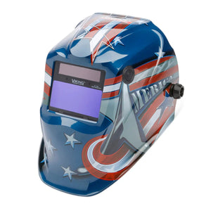 The Lincoln VIKING 1840 Series All-American Welding Helmet K3173-4 features a blue auto-darkening design with red, white, and silver stripes, stars, a large A, America text, 4C lens tech, glossy patriotic art, and a rectangular viewing window with controls.