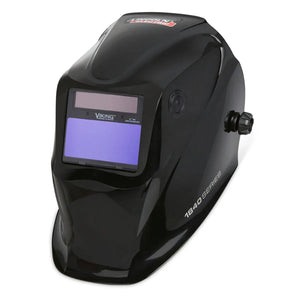 The Lincoln VIKING 1840 Series Black Welding Helmet (K3023-4) features a large rectangular auto-darkening lens with advanced 4C Lens Technology, Viking branding above the lens, side adjustment knob, and an ergonomic glossy black design.