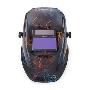 The Lincoln VIKING 1840 Series Tempered Welding Helmet - K5432-4 is black, with a rectangular 4C Lens Technology viewing lens, bold blue, orange, and red lightning graphics, side adjustment knobs, and Viking branding above the lens.