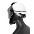 Lincoln VIKING Halo Hard Hat Adapter KP3047-1 with face shield on mannequin, welding safety helmet gear, side view, white background.