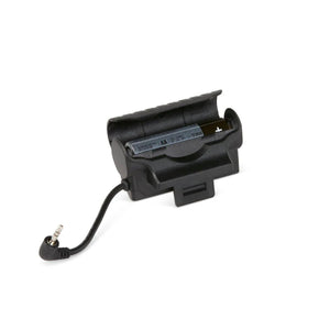 A black battery holder with an open lid reveals an AA battery inside. A short cable with a right-angle 3.5mm audio jack extends out, ideal for powering the Lincoln VIKING 2450 ADV LED Light Kit - KP5245-1, on a plain white background.