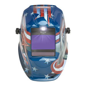 The Lincoln VIKING 2450 ADV Series All-American Welding Helmet (K3174-5) features a large auto-darkening lens, adjustment knobs, and a blue stars-and-stripes design inspired by Captain America’s shield and the American flag.