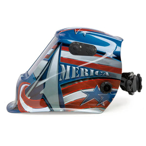 Side view of the Lincoln VIKING 2450 ADV Series All-American Welding Helmet (K3174-5) with stylized American flag graphics, MERICA, a large silver star, auto-darkening lens, dark-tinted shield, and adjustment knob.