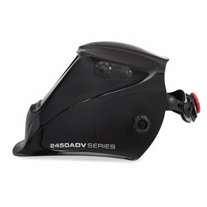 A sleek black Lincoln VIKING 2450 ADV Series Welding Helmet (K3028-5) with a curved visor, auto-darkening lens, side control dials, rear headband adjustment knob, and 2450 ADV SERIES in white on the lower side.
