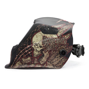 The Lincoln VIKING 2450 ADV Graveyard Shift Welding Helmet (K3099-5) features a bold skull, barbed wire, feathers, Graveyard Shift text, adjustable knobs, head strap attachment, and 4C Lens Technology.