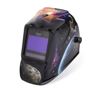 The Lincoln VIKING 2450 ADV Series Intergalactic Welding Helmet (K5243-5) features a black shell with space-themed graphics, an auto-darkening lens, and a large viewing window. Shown from a front-side angle on a white background.