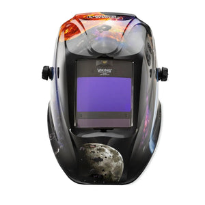 The Lincoln VIKING 2450 ADV Series Intergalactic Welding Helmet (K5243-5) features space-themed graphics with planets and the moon, a large auto-darkening lens with purple tint, side adjustment knobs, and “Viking” above the viewing window.