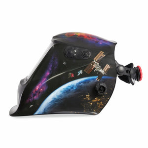 The Lincoln VIKING 2450 ADV Series Intergalactic Welding Helmet (K5243-5) showcases a galaxy-themed design with Earth, city lights, a floating astronaut, and cosmic colors, plus an advanced auto-darkening lens for top safety and style.