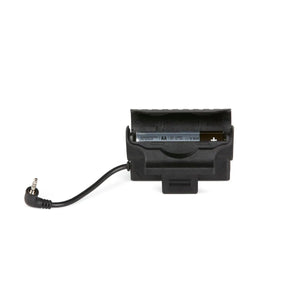 A black plastic AA battery holder powers the Lincoln VIKING 2450 ADV Series Intergalactic Welding Helmet - K5243-5, shown from the back with a short cable and right-angle 3.5mm audio jack against a plain white background.