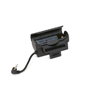 A black battery holder with a single AA inside, shown partially open, features a right-angle 3.5mm audio plug and is ideal for use with the Lincoln VIKING 2450 ADV Series Intergalactic Welding Helmet (K5243-5).