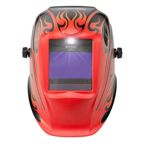 The Lincoln VIKING 2450 ADV Series Street Rod Welding Helmet (K3035-5) features a red shell with yellow and black flame graphics, a rectangular auto-darkening lens, side adjustment knobs, and Viking above the lens. Shown front-facing on white.