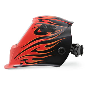 The Lincoln VIKING 2450 ADV Series Street Rod Welding Helmet (K3035-5) features a red and black design with yellow and orange flames, an auto-darkening lens, adjustment knobs, headband attachment, and eye protection for welding.