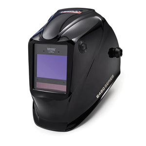 The Lincoln VIKING 2450 Black Welding Helmet (K3028-4) features a large auto-darkening lens, “2450 SERIES” on the side, VIKING above the lens, adjustable knobs, and a sleek, glossy black finish.