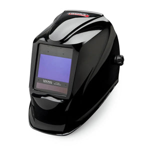 The Lincoln VIKING 2450D Black Digital Series Welding Helmet (K3230-3) features a glossy black finish, large rectangular 4C Lens Technology viewing window, ergonomic curved design, side adjustment knob, and is shown on a white background.