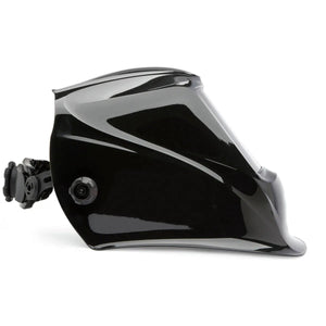 The Lincoln VIKING 2450D Black Digital Series Welding Helmet (K3230-3) is shown in profile against a white background, displaying its glossy curved visor with aerodynamic lines, mounting knob, and hinge mechanism on the left side.