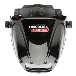 The Lincoln VIKING 2450D Black Digital Series Welding Helmet (K3230-3) features an adjustable headband, side knobs for fit, a red and white Lincoln Electric logo, a curved shield with clear viewing window, and advanced 4C Lens Technology.