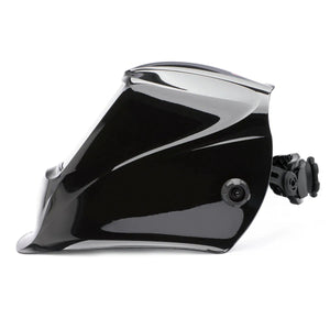 The Lincoln VIKING 2450D Black Digital Series Welding Helmet - K3230-3 is displayed in profile, highlighting its glossy black finish, clear curved 4C Lens Technology shield, angular contours, adjustable strap, and side knob for fit adjustments.