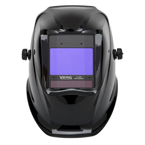 The Lincoln VIKING 2450D Black Digital Series Welding Helmet (K3230-3) features a large rectangular auto-darkening lens with 4C Lens Technology, faint blue tint, and side knobs for easy adjustment of fit and settings.
