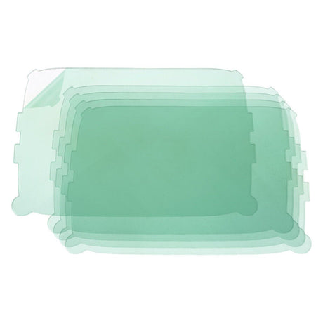 The Lincoln VIKING 3250D FGS Bulk Outside Cover Lenses KP5725-1 are shown as a stacked bundle of clear polycarbonate cover lenses measuring 158.2 x 100 x 1.2 mm, sold 50 per pack.