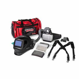 Lincoln VIKING 3250D FGS PAPR K4550-1 welding helmet kit, bag, straps, filters, battery, charger on white WeldingMart background.