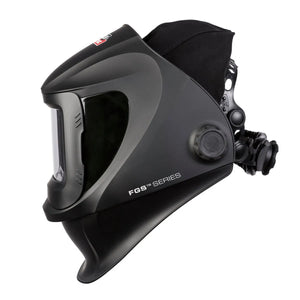 The Lincoln VIKING 3250D FGS Welding Helmet - K3540-3 features a matte black finish, large clear rectangular auto-darkening lens, side adjustment knob, FGS Series branding, padded headgear, modern curves, and chin guard.
