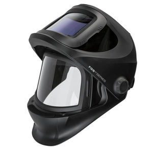 The Lincoln VIKING 3250D FGS Welding Helmet - K3540-3 features a sleek black design, large clear visor, auto-darkening lens, smooth curves, side adjustment knobs, FGS Series label, and a convenient flip-up tinted lens.