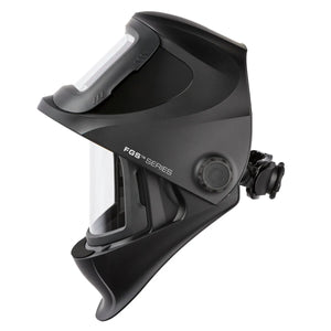 The Lincoln VIKING 3250D FGS Welding Helmet - K3540-3, shown in side profile, features a large auto-darkening lens, adjustable headgear with a rear adjustment knob, “FGS SERIES” text, and a modern design with smooth contours.