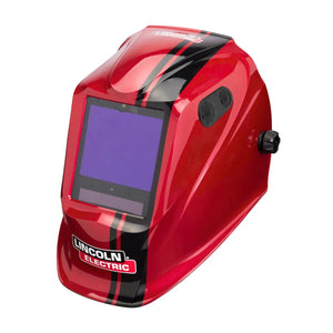The Lincoln VIKING 3350 ADV Code Red Welding Helmet - K4034-5 features a red design with a black stripe, 4C Lens Technology, an auto-darkening lens, adjustable side knob, electronic viewing window, and white Lincoln Electric logo on the front.