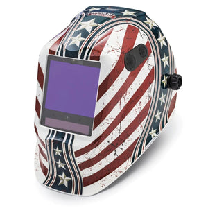 The Lincoln VIKING 3350 ADV Daredevil Welding Helmet - K3683-5 features auto-darkening, a large rectangular lens with 4C Lens Technology, distressed American flag graphics, and convenient side adjustment knobs.