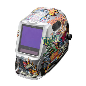 The Lincoln VIKING 3350 ADV Hot Rodders Welding Helmet (K4440-5) features colorful graffiti-style art—flames, motorcycles, and a green lizard in a hot rod—with bold RODDER text and a large rectangular 4C Lens Technology viewing lens.