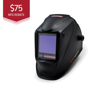 A Lincoln VIKING 3350 Black Welding Helmet (K3034-4) with auto-darkening lens and 3350 SERIES text is angled right. A red $75 MFG REBATE banner is in the top left. The background is plain white.