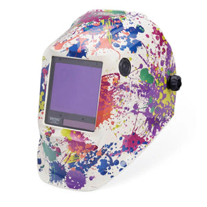 The Lincoln VIKING 3350 Creative Spark Welding Helmet (K5134-4) features a large rectangular 4C lens, vibrant paint splatter design in pink, green, blue, yellow, and purple, side adjustment knobs, and “VIKING” branding below the lens.