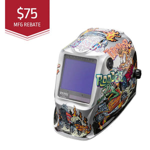 The Lincoln VIKING 3350 Hot Rodders Welding Helmet (K4440-4) features colorful hot rod graphics, “RODDER” text, a large auto-darkening lens with 4C Lens Tech for clear viewing, a VIKING label by the lens, and a $75 MFG rebate banner.