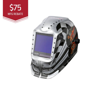 The Lincoln VIKING 3350 Motorhead Welding Helmet (K3100-4) has black and white checkered patterns, red/orange flames, a large blue-tinted auto-darkening lens, and a $75 MFG REBATE label on a white background.