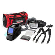 Lincoln VIKING 3350 PAPR welding helmet kit with battery, air purifier, hose, filters, and carrying bag on white background.