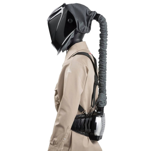 Lincoln VIKING 3350 PAPR welding helmet, tan suit, auto-darkening 4C lens, air hose, and filtration—ideal WeldingMart gear.