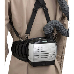 Welder wearing Lincoln VIKING 3350 PAPR K3930-1 with harness, hose, 4C Lens Technology; premium WeldingMart safety gear.