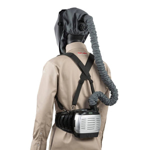 Mannequin in tan shirt wears Lincoln VIKING 3350 PAPR K3930-1 welding helmet with 4C Lens, hood, tube, and filtration unit.