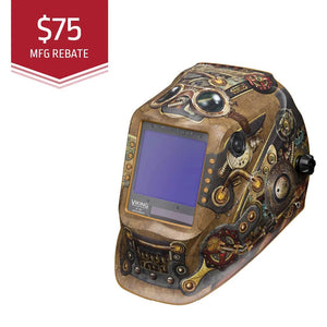 The Lincoln VIKING 3350 Steampunk Welding Helmet - K3428-4 features gears, pipes, goggles, and a large auto-darkening 4C Lens Technology lens. A red “$75 MFG REBATE” banner is displayed in the top left corner.