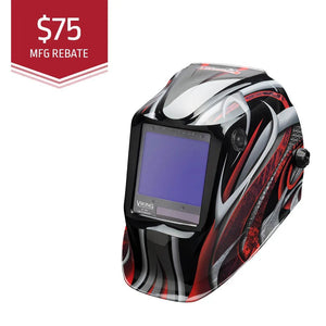 The Lincoln VIKING 3350 Twisted Metal Welding Helmet - K3248-4 features black, red, and silver swirling graphics, a large auto-darkening lens, and a $75 MFG REBATE banner in the upper left corner. VIKING is branded below the window.