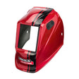 The Lincoln VIKING 3350/2450 5th Gen Code Red Replacement Shell (KP4577-2) is a red and black helmet shell with black diagonal stripes, a large rectangular window, glossy finish, side knobs, Lincoln Electric logo, and hard hat compatibility.