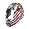 The Lincoln VIKING 3350/2450 5th Gen Daredevil Replacement Shell (KP4576-2) is a hard hat compatible welding helmet with a distressed American flag design, large rectangular viewing window, ergonomic curved shape, and black side adjustment knobs.