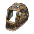 The Lincoln VIKING 3350/2450 5th Gen Steampunk Replacement Shell (KP4574-2) features a brown and bronze metallic look with gears, pipes, gauges, and goggles for hard hats; its rectangular window and weathered finish highlight steampunk style.