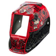 Lincoln VIKING 3350/2450 Mojo welding helmet shell KP4570-1, red/black, skull/fire graphics, large lens, glossy finish.