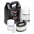The Lincoln VMAC Compressor Service Kit (12 months / 1,000 hours) KP3408-1 includes a black 4L oil jug, two white filters, an air filter with a black rim, and a brown O-ring, displayed on a white background.
