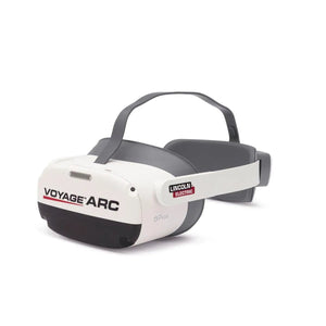 Lincoln Voyage Arc K5338-1 VR welding headset with thick gray strap—advanced welding training equipment, shown on white background.