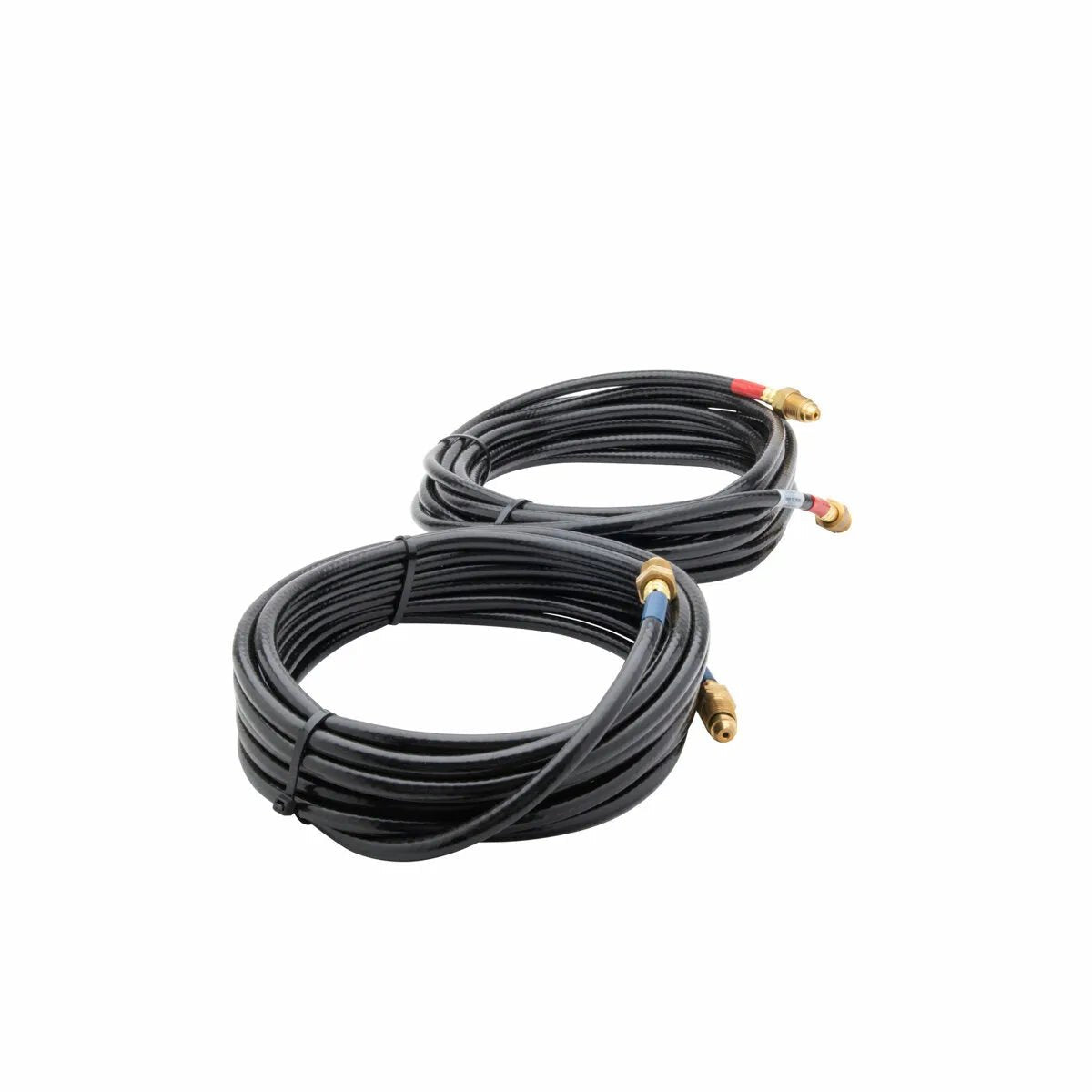 Two coiled black water cooler hoses with brass CGA fittings on each end, placed side by side on a white background.