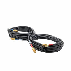 Two coiled black water cooler hoses with CGA fittings and gold connectors at each end, placed side by side on a white background.